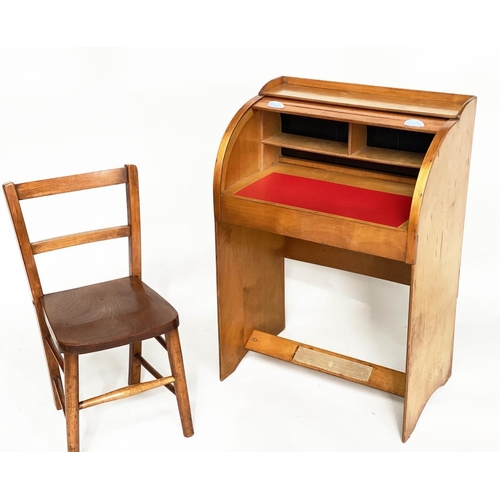 152 - CHILD'S BUREAU AND CHAIR, 81cm H x 56cm W x 36cm D, 1970's teak and plywood, with cylindrical front ... 