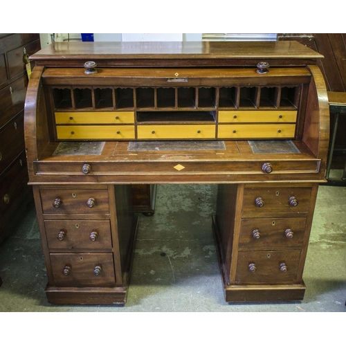 151 - CYLINDER DESK, 109cm H x 122cm W x 63cm D, Victorian mahogany with fitted and leather lined interior... 