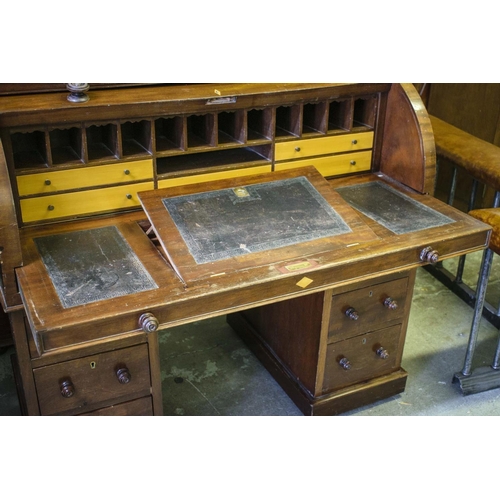 151 - CYLINDER DESK, 109cm H x 122cm W x 63cm D, Victorian mahogany with fitted and leather lined interior... 