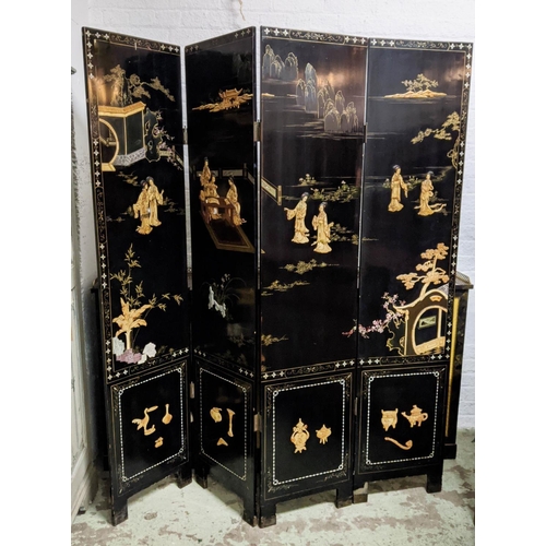 150 - CHINESE FOUR FOLD BLACK LACQUER SCREEN, with raised bone inlay depicting figural garden scenes and v... 