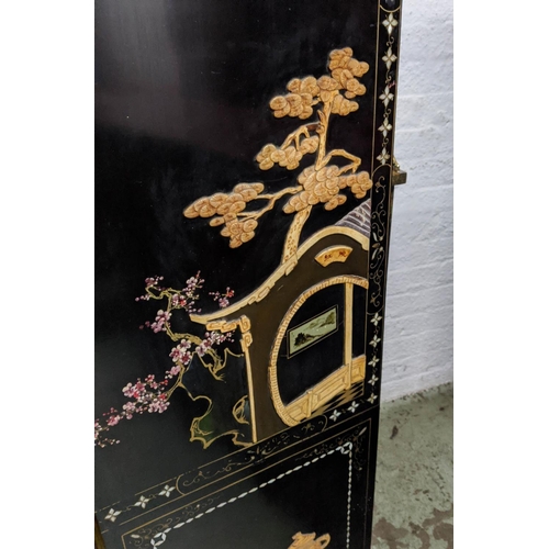 150 - CHINESE FOUR FOLD BLACK LACQUER SCREEN, with raised bone inlay depicting figural garden scenes and v... 