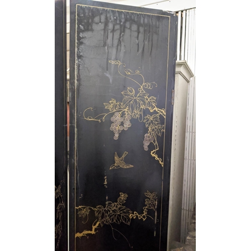 150 - CHINESE FOUR FOLD BLACK LACQUER SCREEN, with raised bone inlay depicting figural garden scenes and v... 