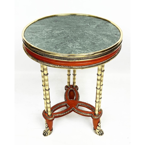 149 - LAMP TABLE, French Louis XVI style red lacquered and gilt decorated with a circular verde antico mar... 