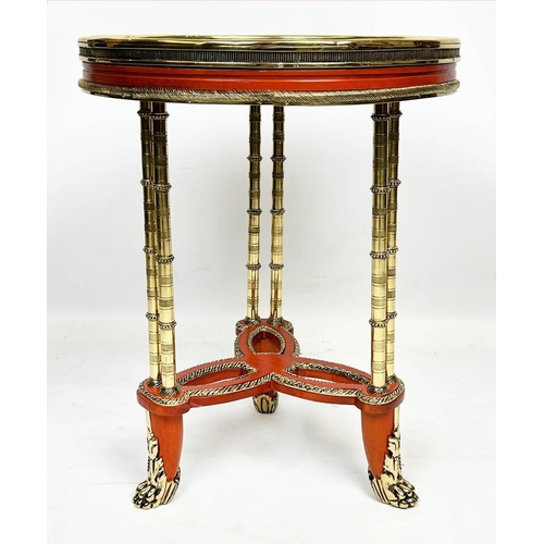 149 - LAMP TABLE, French Louis XVI style red lacquered and gilt decorated with a circular verde antico mar... 