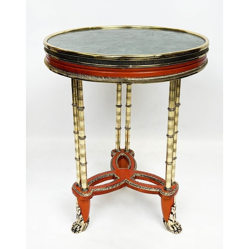 149 - LAMP TABLE, French Louis XVI style red lacquered and gilt decorated with a circular verde antico mar... 