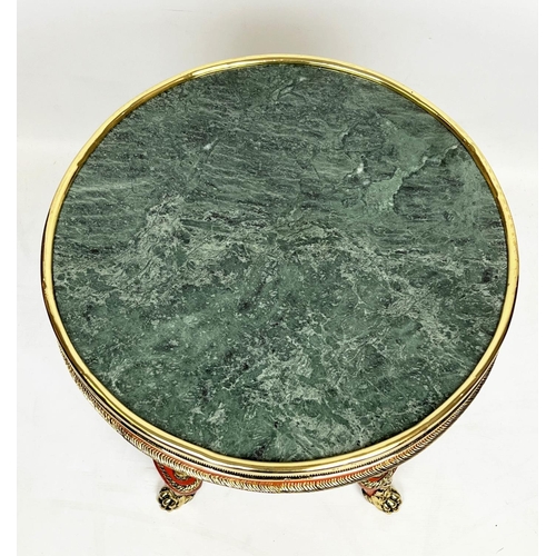 149 - LAMP TABLE, French Louis XVI style red lacquered and gilt decorated with a circular verde antico mar... 