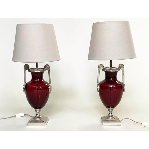166 - TABLE LAMPS BY CHARLES EDWARDS, a pair, ruby glass and silvered metal mounted, with shades, 69cm H. ... 