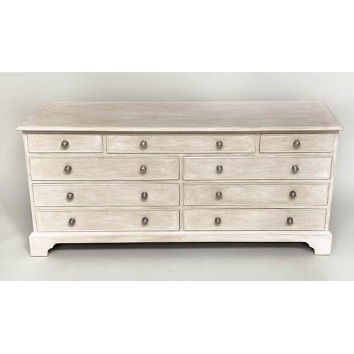 245 - LOW CHEST, George III style grey painted with nine drawers, 153cm x 44cm x 67cm H.