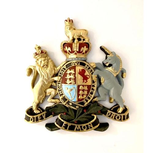 392 - ARMORIAL WALL RELIEF PLAQUE, 75cm x 70cm, polychrome finish.