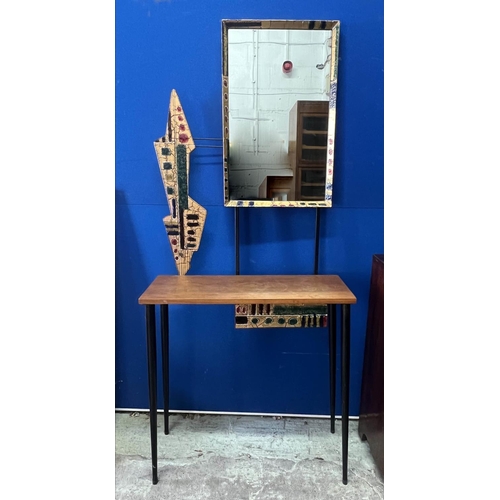 394 - HALL STAND, 1950s Italian teak and enamel decorated with metal legs and single frieze drawer, 181cm ... 