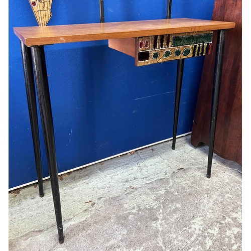 394 - HALL STAND, 1950s Italian teak and enamel decorated with metal legs and single frieze drawer, 181cm ... 