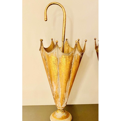 412 - UMBRELLA STANDS, a pair, gilt metal, 75cm x 30cm x 30cm.