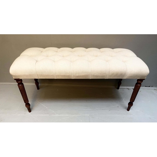 420 - WINDOW SEAT, 47cm H x 100cm W x 52cm D, neutral linen deep buttoned upholstered seat, turned legs.