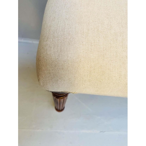 420 - WINDOW SEAT, 47cm H x 100cm W x 52cm D, neutral linen deep buttoned upholstered seat, turned legs.