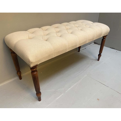 420 - WINDOW SEAT, 47cm H x 100cm W x 52cm D, neutral linen deep buttoned upholstered seat, turned legs.