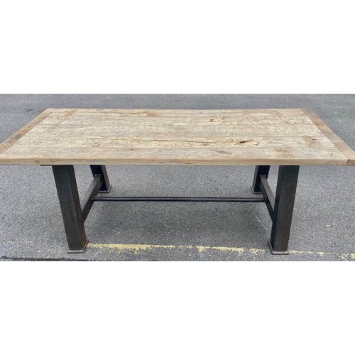 219 - FARMHOUSE DINING TABLE, plank top on cast metal base, 76cm x 91cm x 220cm.