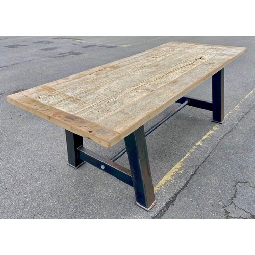 219 - FARMHOUSE DINING TABLE, plank top on cast metal base, 76cm x 91cm x 220cm.