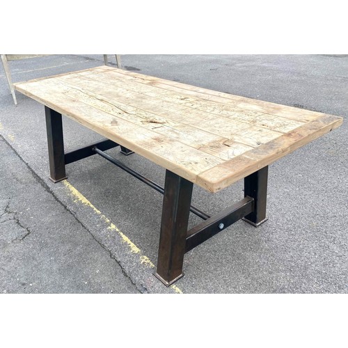 219 - FARMHOUSE DINING TABLE, plank top on cast metal base, 76cm x 91cm x 220cm.