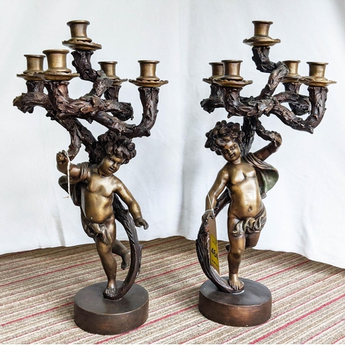 423 - PUTTI CANDELABRA, a pair, spelter, each 5 branch, 68cm H. (2)