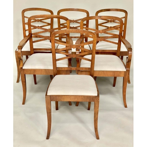 101 - DINING CHAIRS, a set of six, early 20th century Art Deco period walnut with lattice backs and calico... 