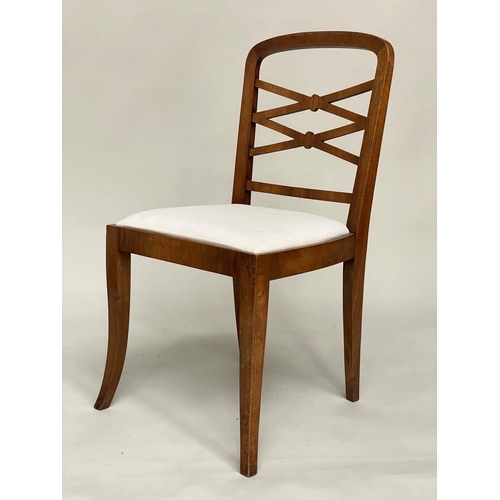 101 - DINING CHAIRS, a set of six, early 20th century Art Deco period walnut with lattice backs and calico... 