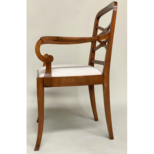 101 - DINING CHAIRS, a set of six, early 20th century Art Deco period walnut with lattice backs and calico... 