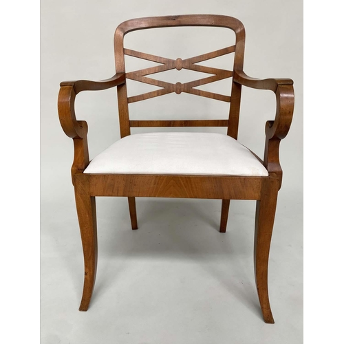 101 - DINING CHAIRS, a set of six, early 20th century Art Deco period walnut with lattice backs and calico... 