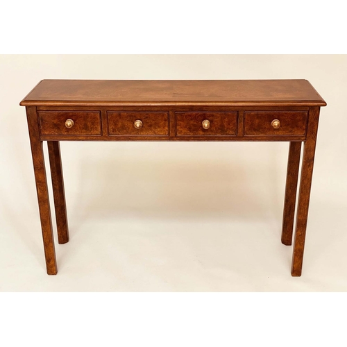 104 - HALL TABLE, George III design burr walnut and crossbanded with four frieze drawers, 109cm x 77cm H x... 