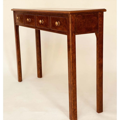 104 - HALL TABLE, George III design burr walnut and crossbanded with four frieze drawers, 109cm x 77cm H x... 