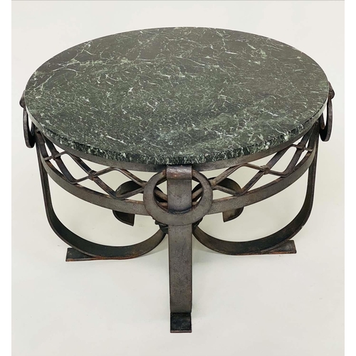 107 - OCCASIONAL TABLE, Art Deco circular antico verde marble on scroll, lattice and ringlet wrought iron ... 