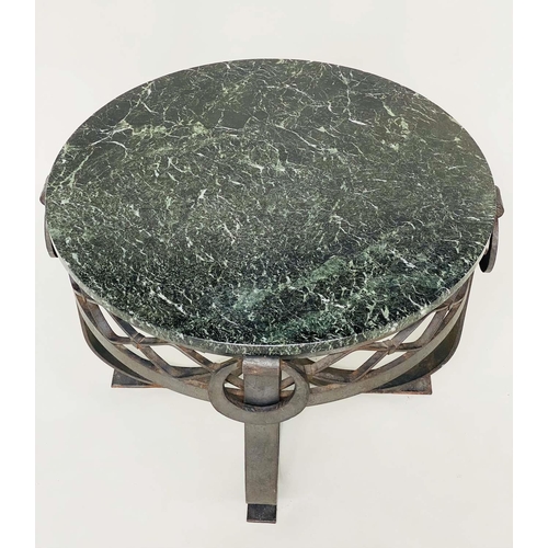 107 - OCCASIONAL TABLE, Art Deco circular antico verde marble on scroll, lattice and ringlet wrought iron ... 