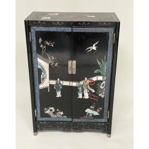 109 - CHINESE SIDE CABINET, lacquered with incised polychrome Chinoiserie decoration and two panel doors, ... 