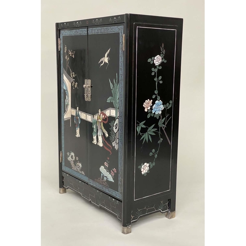 109 - CHINESE SIDE CABINET, lacquered with incised polychrome Chinoiserie decoration and two panel doors, ... 