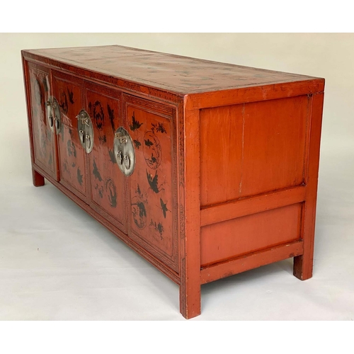 123 - CHINESE CABINET, early 20th century scarlet lacquered and gilt Chinoiserie decorated with four doors... 