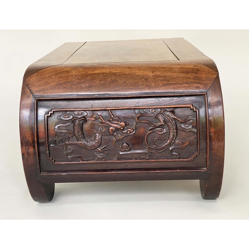 124 - CHINESE LOW TABLE/STOOL, 19th century Rosewood with scroll and carved side panels, 45cm D x 82cm W x... 