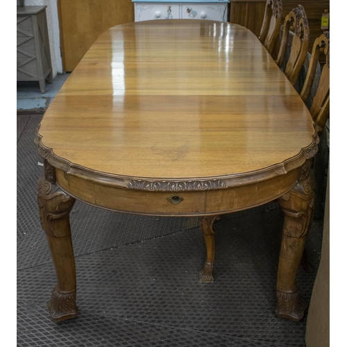 136 - DINING TABLE, 78cm H x 112cm W x 166cm L, 285cm extended, circa 1920, walnut with two extra leaves.