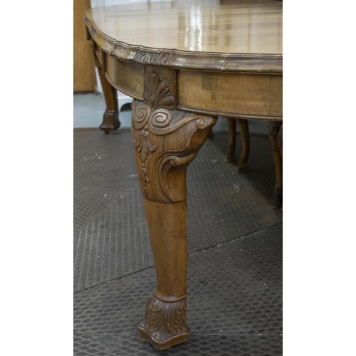 136 - DINING TABLE, 78cm H x 112cm W x 166cm L, 285cm extended, circa 1920, walnut with two extra leaves.