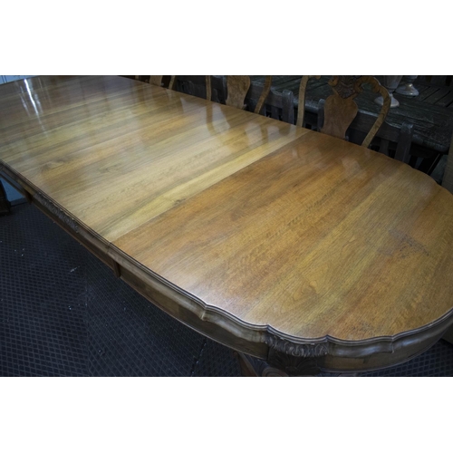 136 - DINING TABLE, 78cm H x 112cm W x 166cm L, 285cm extended, circa 1920, walnut with two extra leaves.