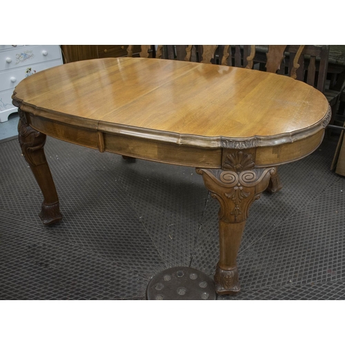 136 - DINING TABLE, 78cm H x 112cm W x 166cm L, 285cm extended, circa 1920, walnut with two extra leaves.