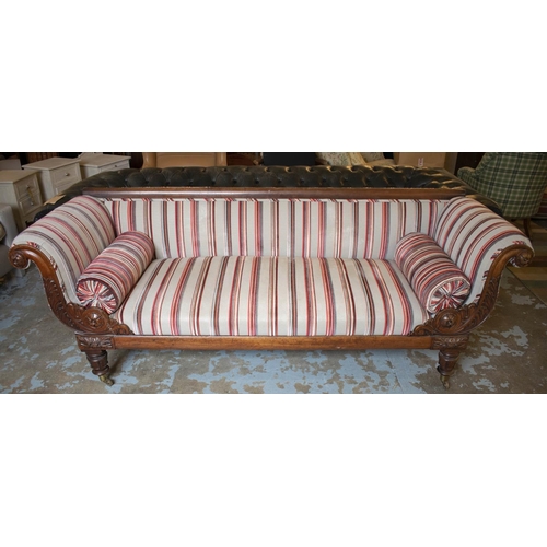 140 - SOFA, 82cm H x 222cm W x 72cm D, George IV mahogany, circa 1830, in grey and red striped upholstery ... 