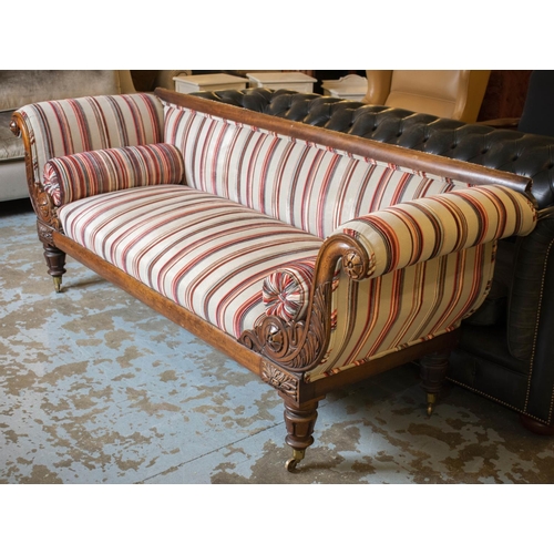 140 - SOFA, 82cm H x 222cm W x 72cm D, George IV mahogany, circa 1830, in grey and red striped upholstery ... 