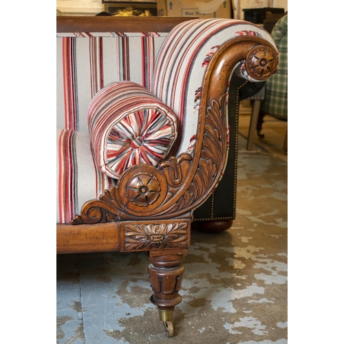 140 - SOFA, 82cm H x 222cm W x 72cm D, George IV mahogany, circa 1830, in grey and red striped upholstery ... 