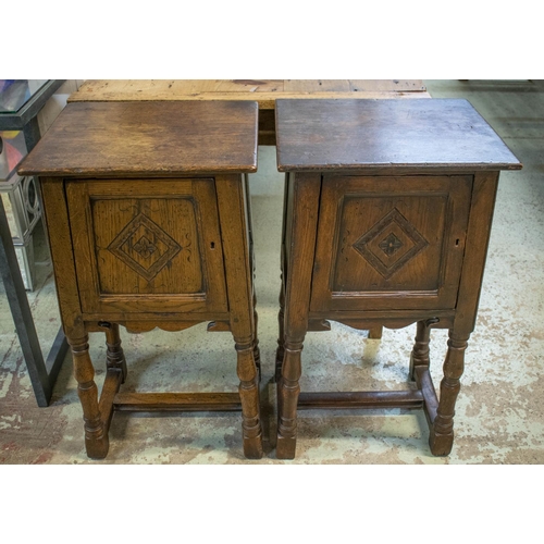 142 - BEDSIDE CABINETS, a near pair, 75cm H x 41cm x 35cm, Jacobean style oak, each with single door. (2)