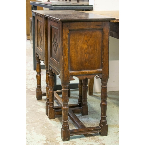 142 - BEDSIDE CABINETS, a near pair, 75cm H x 41cm x 35cm, Jacobean style oak, each with single door. (2)