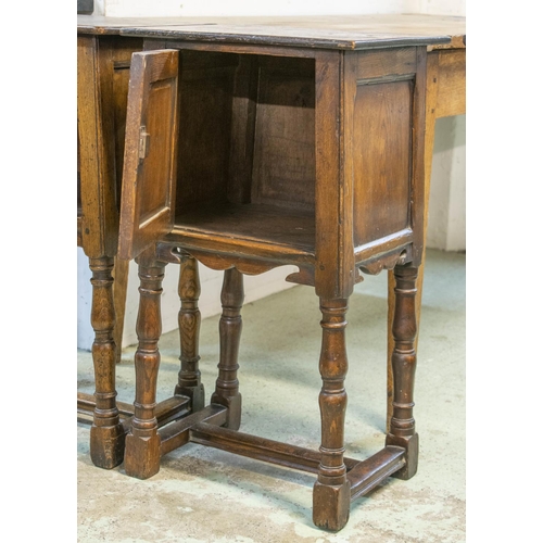 142 - BEDSIDE CABINETS, a near pair, 75cm H x 41cm x 35cm, Jacobean style oak, each with single door. (2)