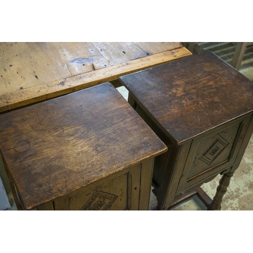 142 - BEDSIDE CABINETS, a near pair, 75cm H x 41cm x 35cm, Jacobean style oak, each with single door. (2)