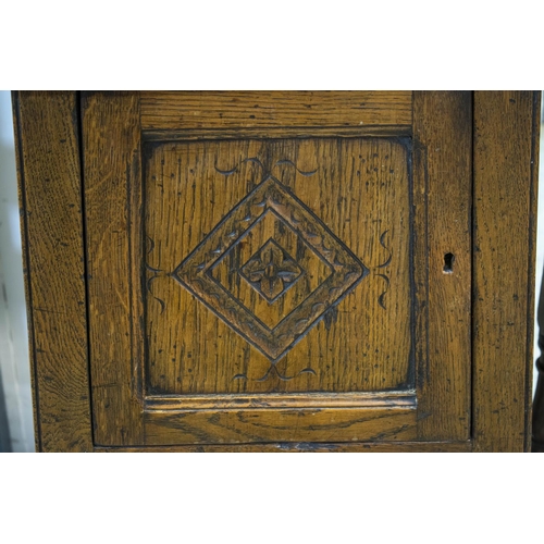 142 - BEDSIDE CABINETS, a near pair, 75cm H x 41cm x 35cm, Jacobean style oak, each with single door. (2)