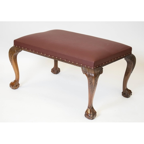 144 - STOOL, 49cm H x 93cm x 63cm, Georgian style mahogany and burgundy leather.