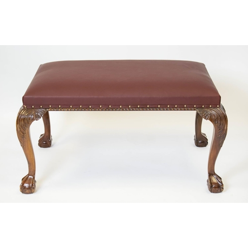 144 - STOOL, 49cm H x 93cm x 63cm, Georgian style mahogany and burgundy leather.