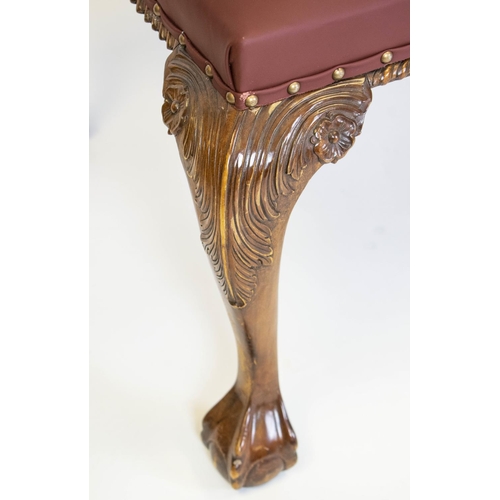 144 - STOOL, 49cm H x 93cm x 63cm, Georgian style mahogany and burgundy leather.